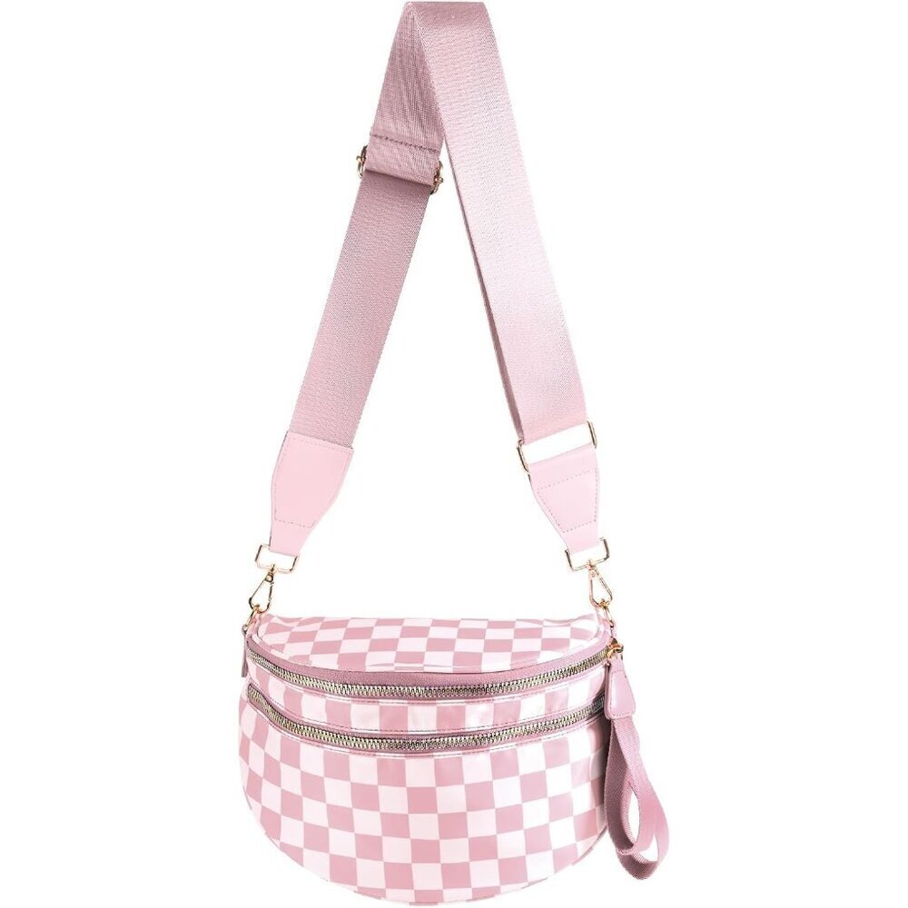 Women Light Pink Imported Polyester Checkered Crossbody Fanny Packs Belt Bum Bag